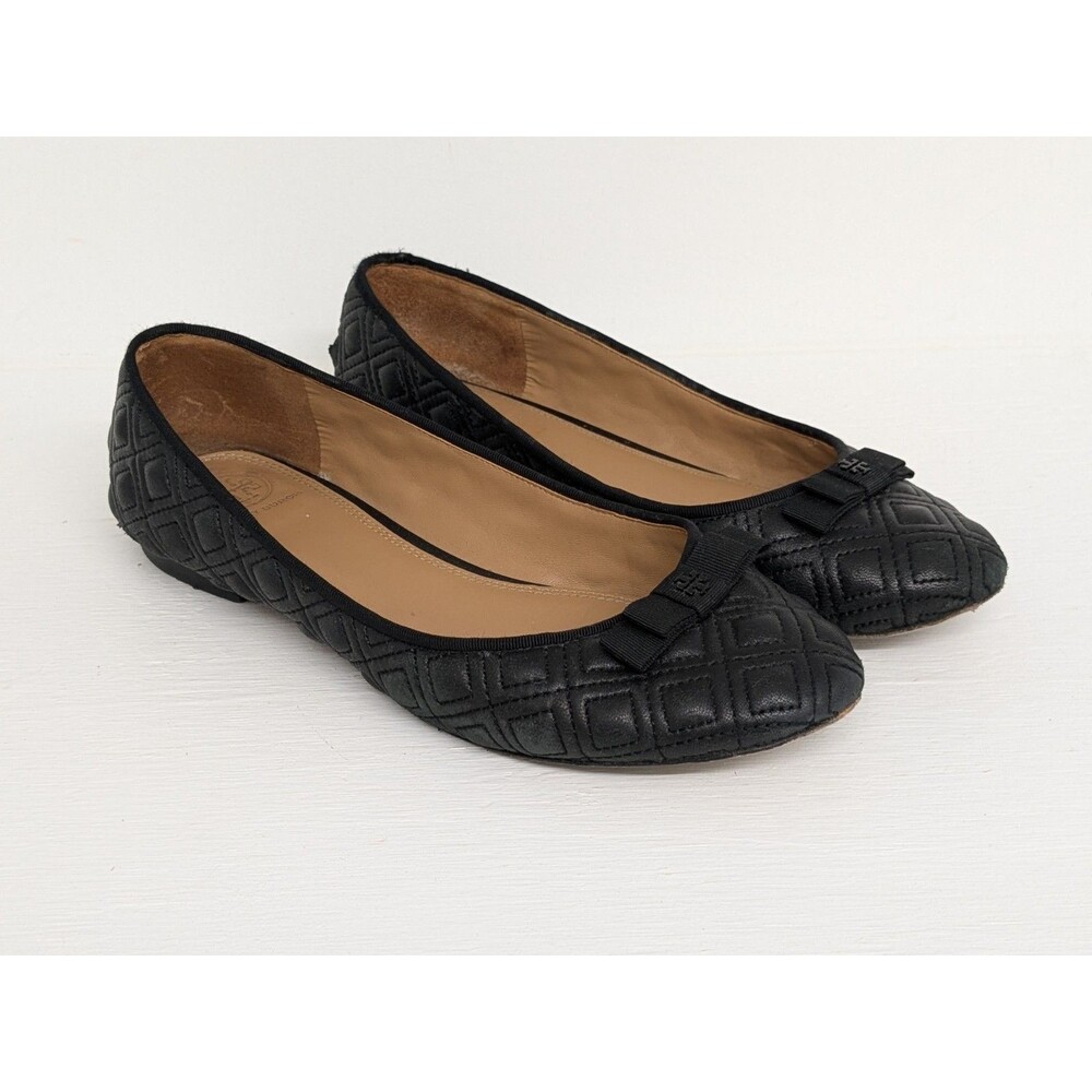 Tory Burch Marion Quilted Leather Black Ballet Flat Classic Old Money Size 8.5